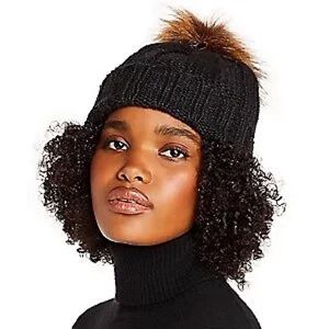 Aqua Faux Fur Pom Pom Knit Hat Black Chunky Knit Cuff Beanie